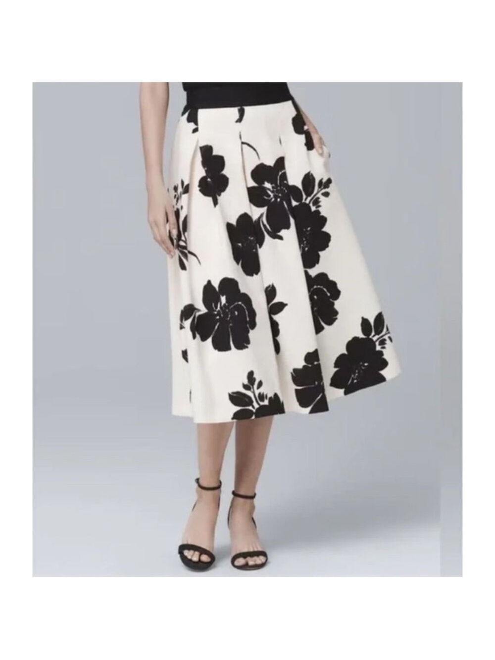 White House Black Market Black and White Floral A-Line Skirt and Sweater